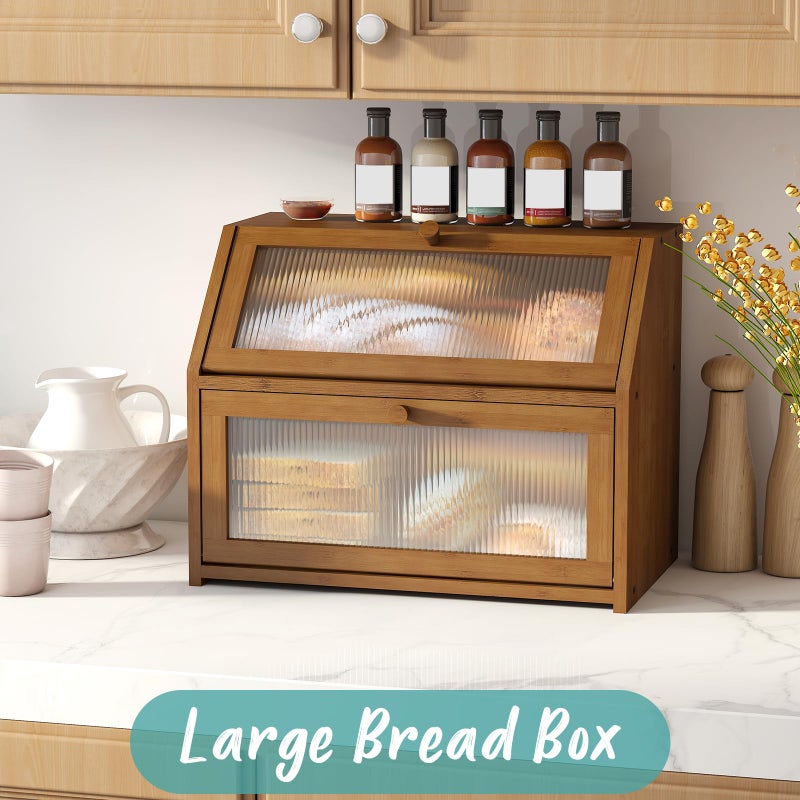 Vriccc Bread Box for Kitchen Counter, Large Bamboo Wood Double Layer Bread Box, Wooden Bread Storage Capacity - Image 2