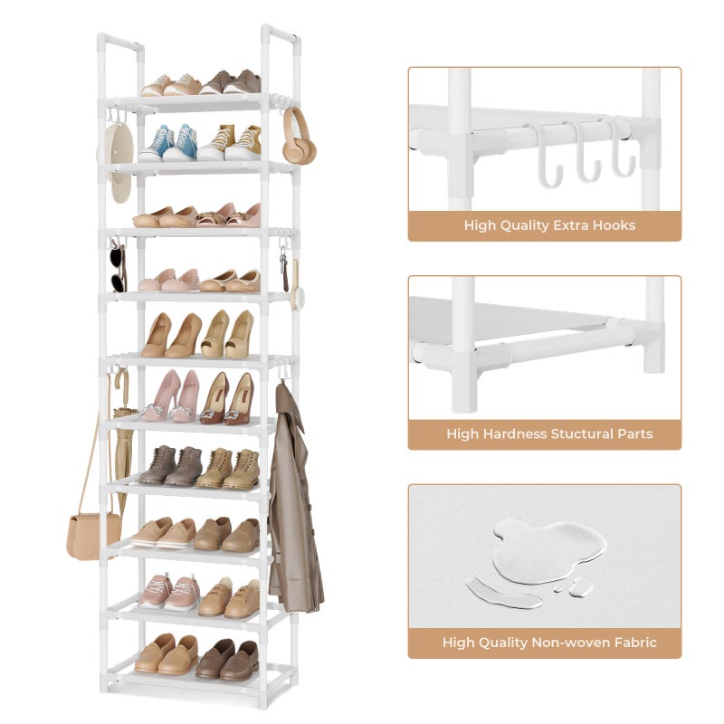 VTRIN 10 Tiers Tall Shoe Rack Holds 20-25 Pairs of Shoes Sturdy Vertical Shoe Organizer with 18pcs Hooks Stackable Narrow Shoe Rack for Closet, Entryway White - Image 4