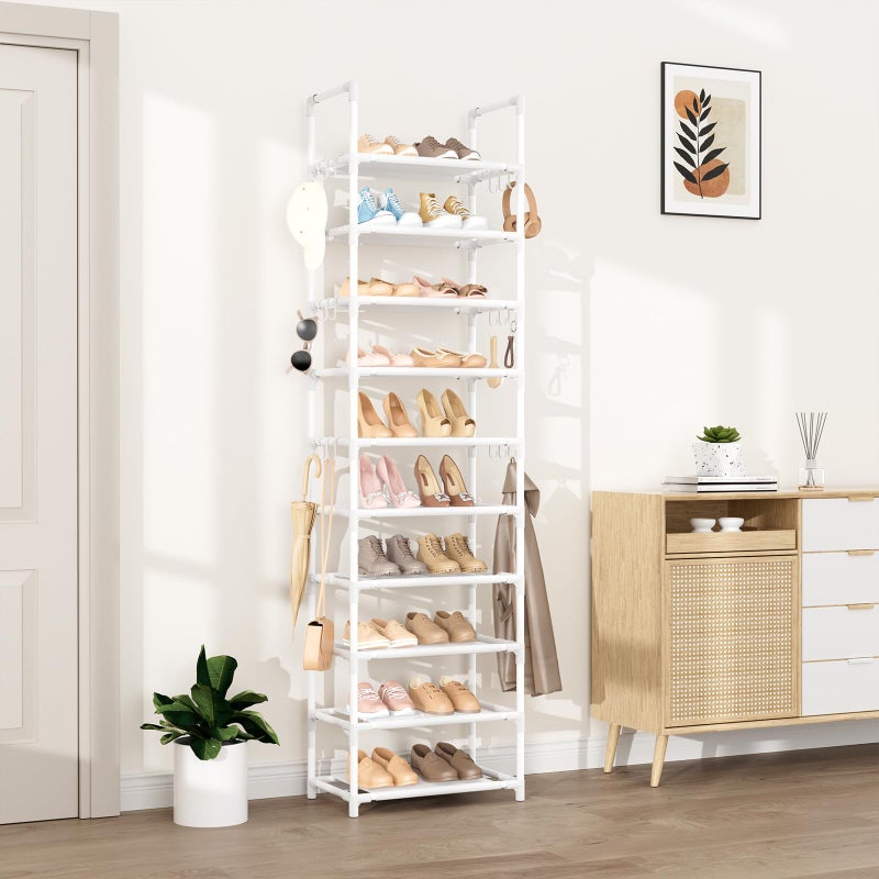 VTRIN 10 Tiers Tall Shoe Rack Holds 20-25 Pairs of Shoes Sturdy Vertical Shoe Organizer with 18pcs Hooks Stackable Narrow Shoe Rack for Closet, Entryway White - Image 2