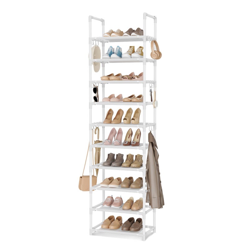 VTRIN 10 Tiers Tall Shoe Rack Holds 20-25 Pairs of Shoes Sturdy Vertical Shoe Organizer with 18pcs Hooks Stackable Narrow Shoe Rack for Closet, Entryway White - Image 1