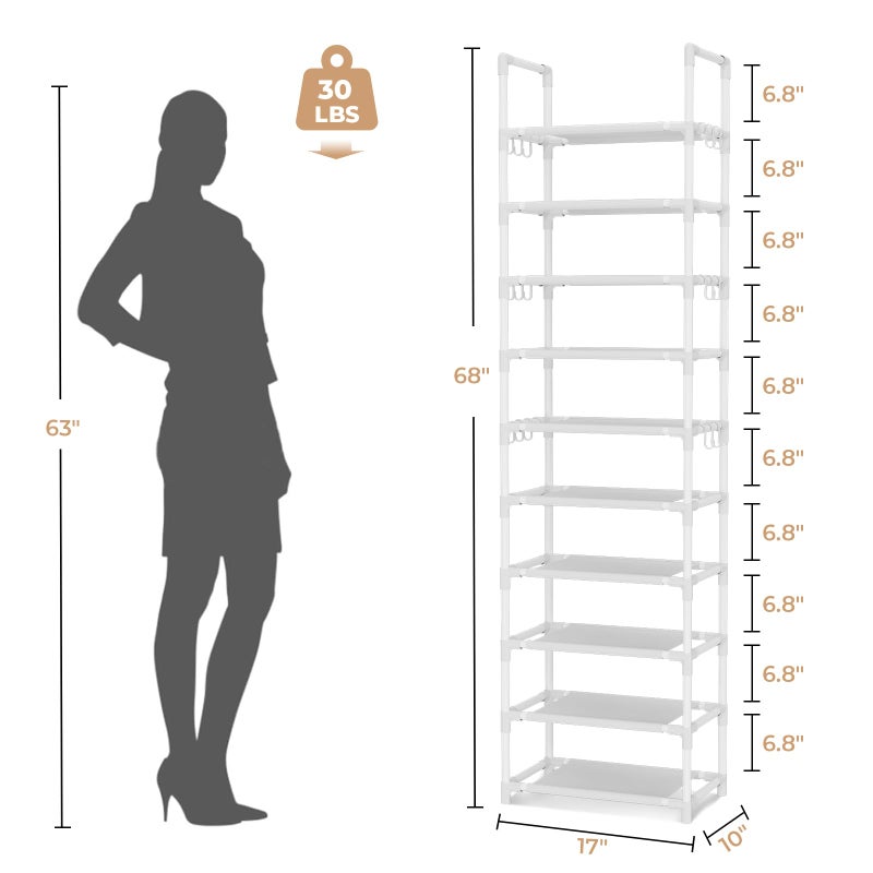 VTRIN 10 Tiers Tall Shoe Rack Holds 20-25 Pairs of Shoes Sturdy Vertical Shoe Organizer with 18pcs Hooks Stackable Narrow Shoe Rack for Closet, Entryway White - Image 3