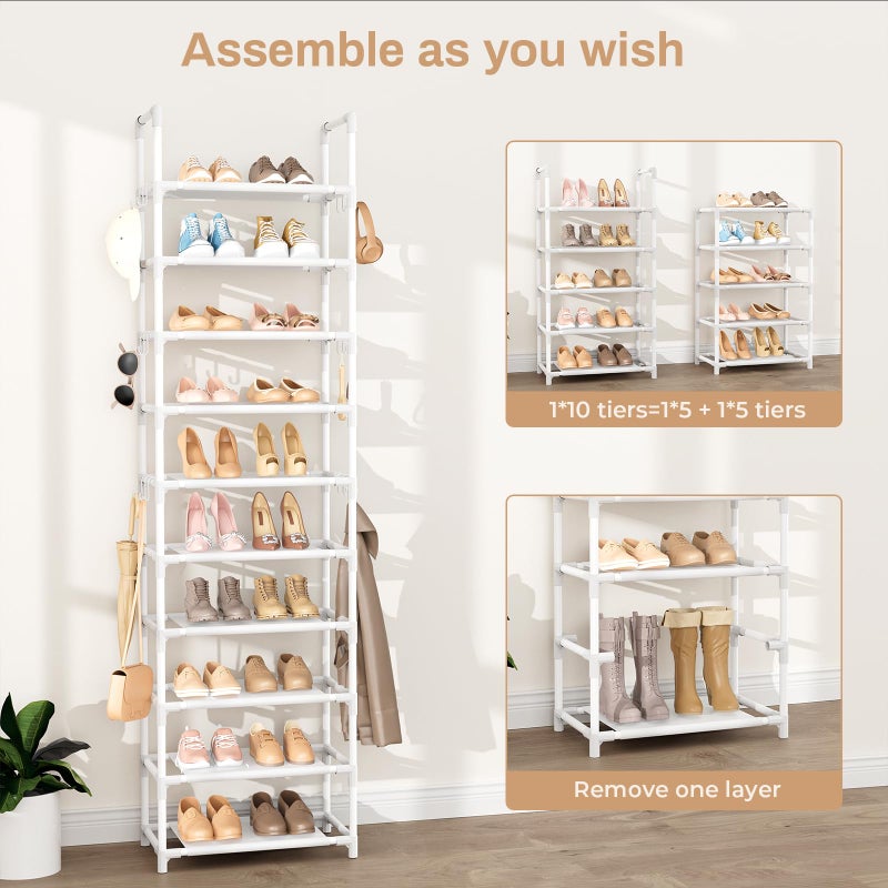 VTRIN 10 Tiers Tall Shoe Rack Holds 20-25 Pairs of Shoes Sturdy Vertical Shoe Organizer with 18pcs Hooks Stackable Narrow Shoe Rack for Closet, Entryway White - Image 5