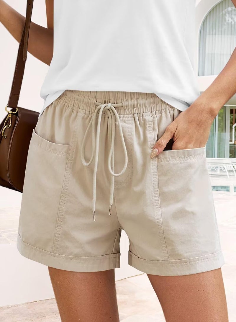 FEKOAFE Women's 2026 Linen Shorts Casual Summer High Waisted Comfy Pull On Shorts with Pockets Beach Vacation Essentials Beige Large - Image 5