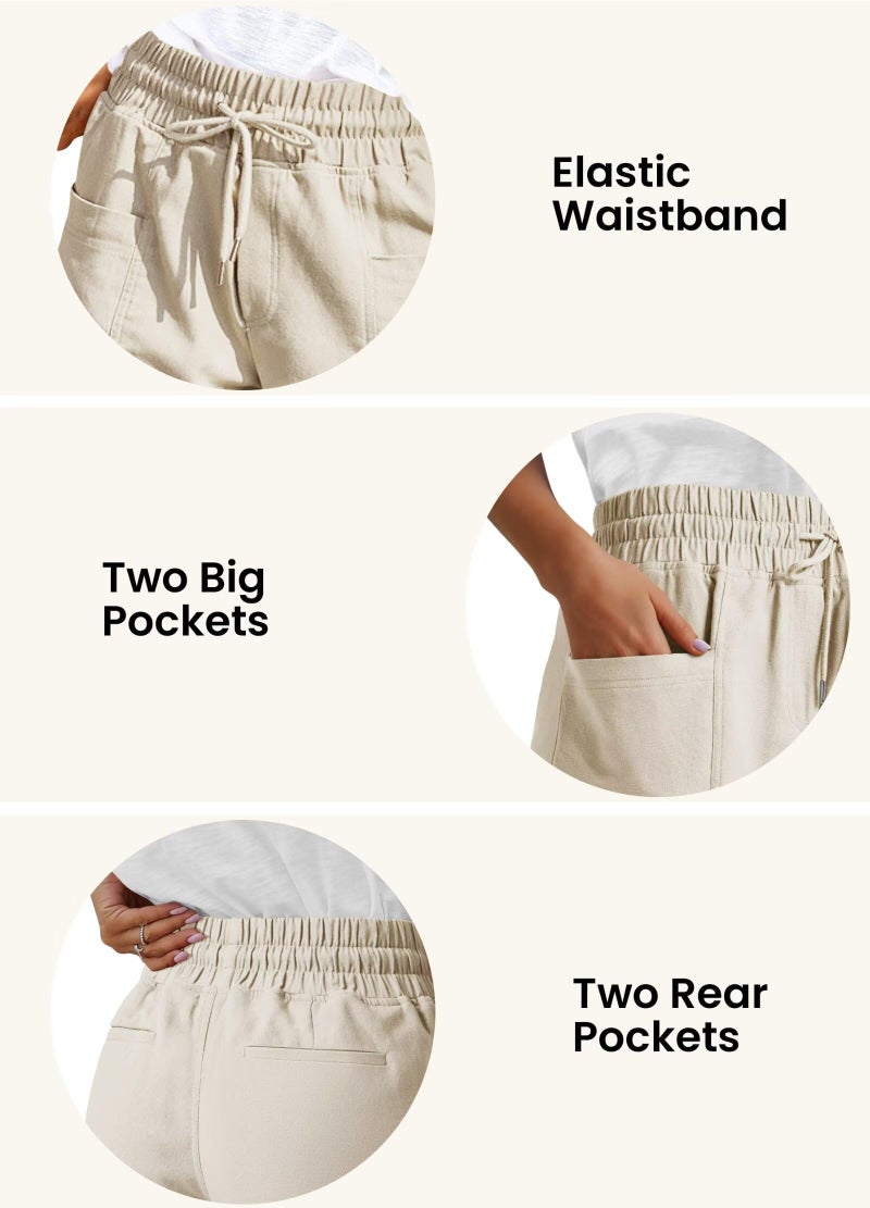 FEKOAFE Women's 2026 Linen Shorts Casual Summer High Waisted Comfy Pull On Shorts with Pockets Beach Vacation Essentials Beige Large - Image 4