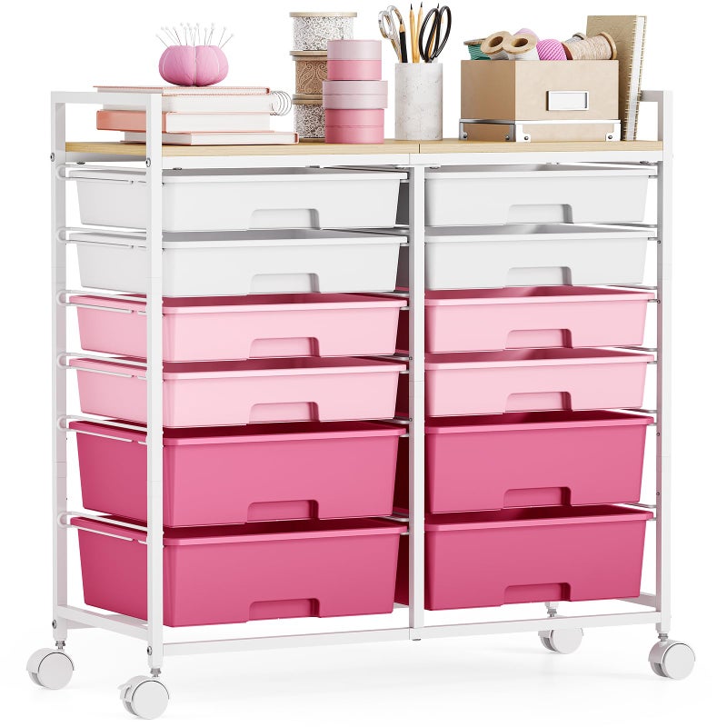 TOOLF Rolling Storage Cart with 12 Drawers, Wooden Tabletop Utility Cart for Craft Storage, Art Supply Storage & Home Office Organization, Teacher Cart with Wheels for Classroom Organization, School - Image 1