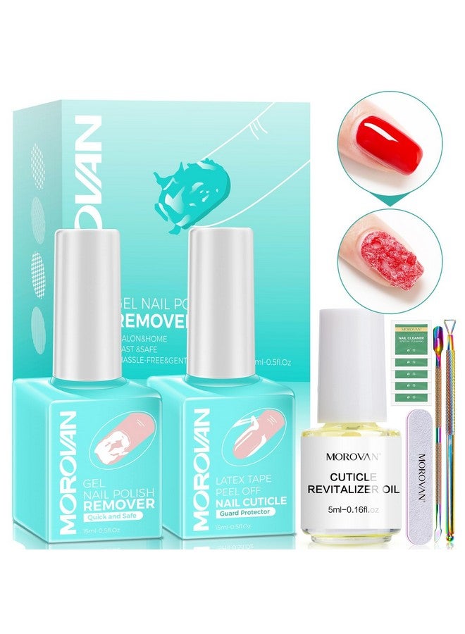 Morovan Gel Polish Remover Kit: Gel Nail Polish Remover Set with Latex Tape Peel Off Liquid with Peeler Cuticle Oil Nail File Cuticle Pusher Cleaner Easy & Effective Gel Polish in 3-5 Minutes. - Image 1