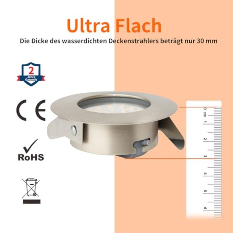 LED Lighting Recessed Spotlight Flat 30mm IP44 Bathroom Ceiling Spotlight 230V Set 5W Warm White 3000K 500lm Recessed Spotlights Round Nickel LED Lights, Pack of 6 - Image 4