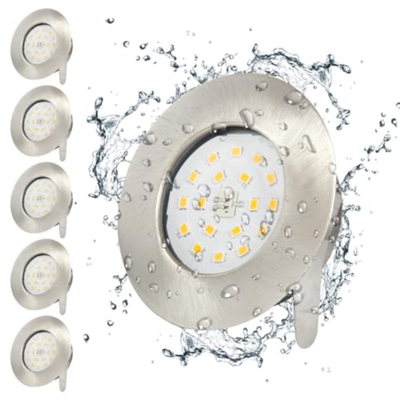LED Lighting Recessed Spotlight Flat 30mm IP44 Bathroom Ceiling Spotlight 230V Set 5W Warm White 3000K 500lm Recessed Spotlights Round Nickel LED Lights, Pack of 6 - Image 1