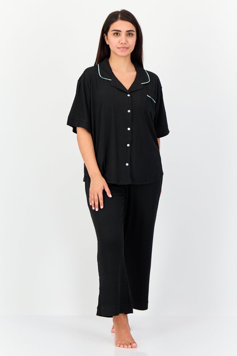 PJ Couture Women 2 Pieces Ribbed Short Sleeve Pajama Top And Bottom Set, Black - Image 1