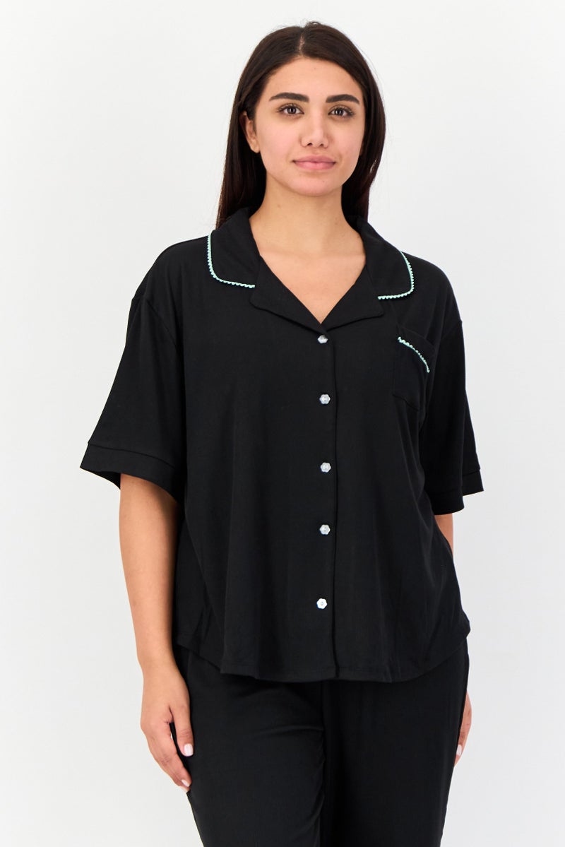 PJ Couture Women 2 Pieces Ribbed Short Sleeve Pajama Top And Bottom Set, Black - Image 3