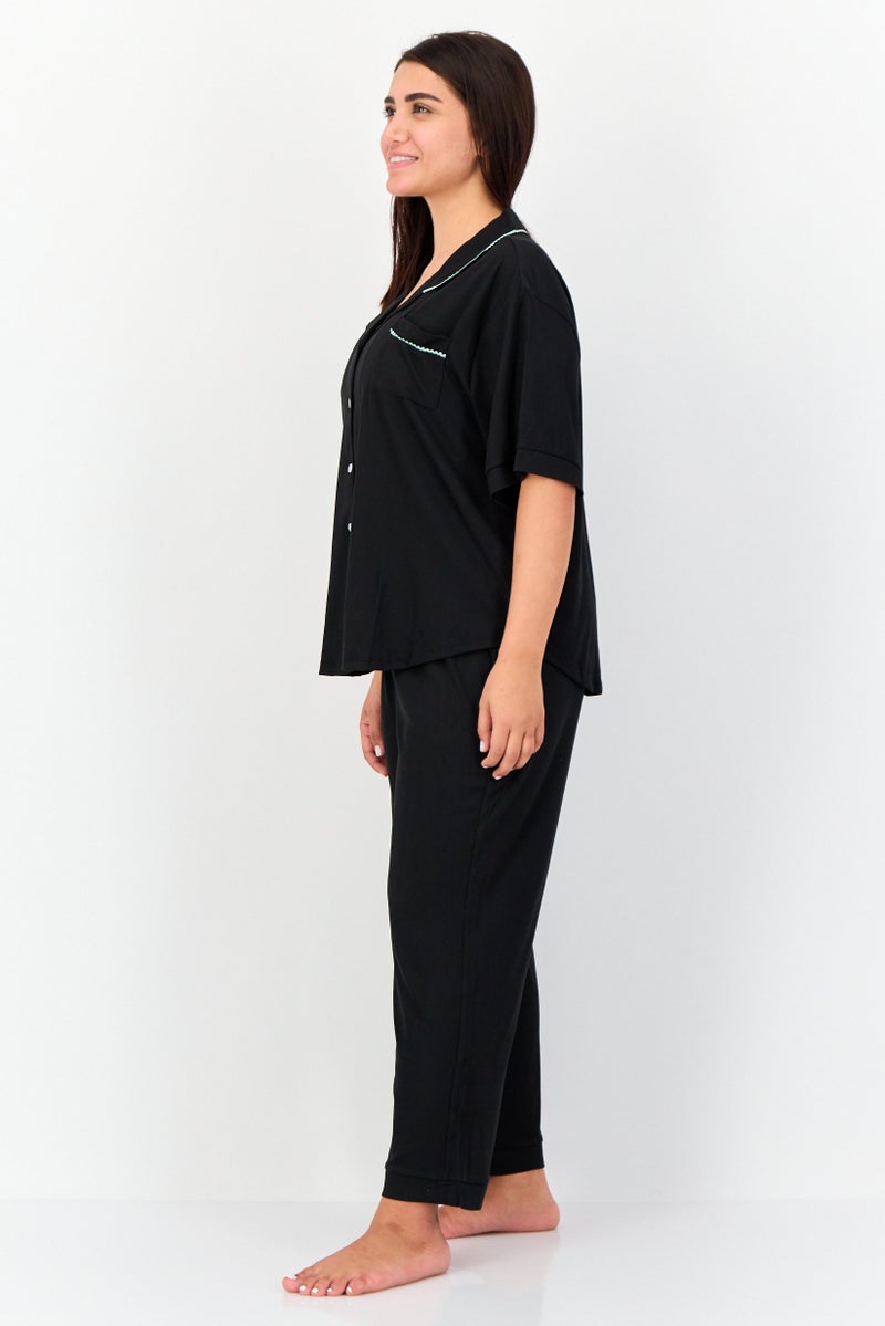 PJ Couture Women 2 Pieces Ribbed Short Sleeve Pajama Top And Bottom Set, Black - Image 4