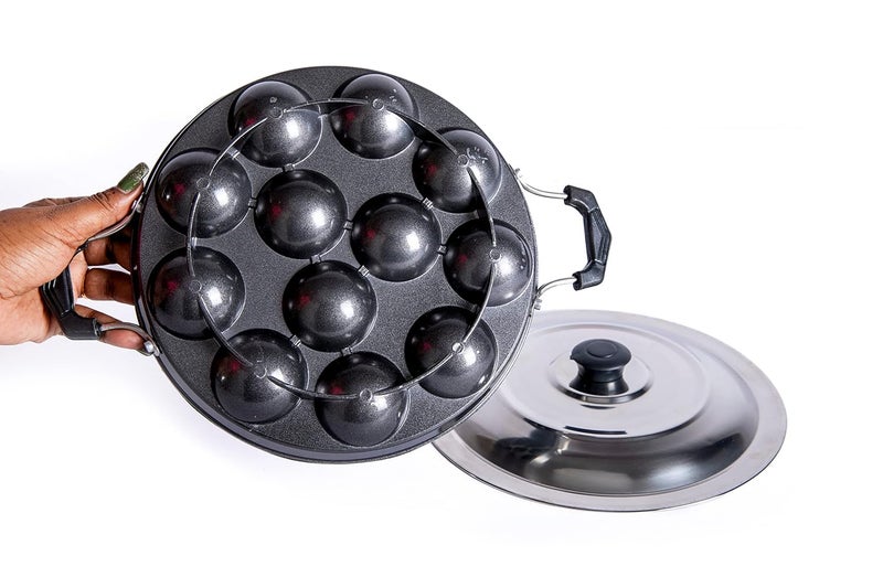 Home Pro HomePro 12 Cavity Appam Patra Mini Uttapam 4 Cavity Aluminum Nonstick Coating Steel Lid Bakelite Handle Combo Pack - Image 3