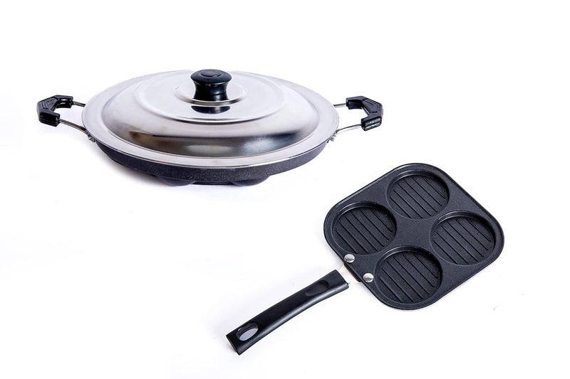 Home Pro HomePro 12 Cavity Appam Patra Mini Uttapam 4 Cavity Aluminum Nonstick Coating Steel Lid Bakelite Handle Combo Pack - Image 1