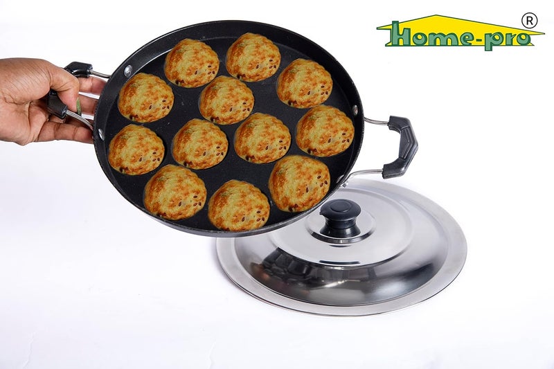 Home Pro HomePro 12 Cavity Appam Patra Mini Uttapam 4 Cavity Aluminum Nonstick Coating Steel Lid Bakelite Handle Combo Pack - Image 2