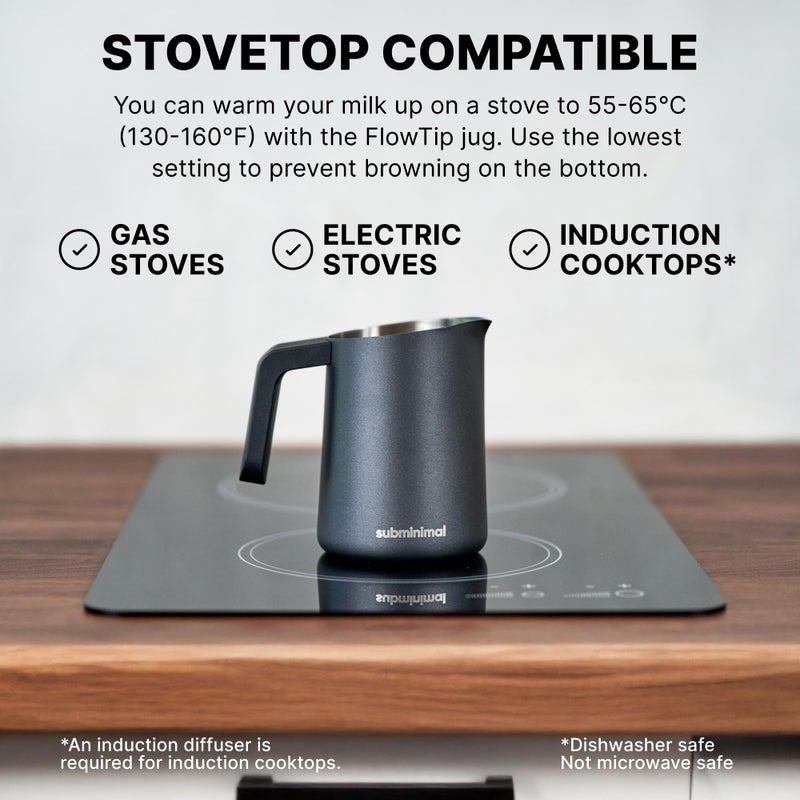 Subminimal FlowTip Milk Jug | Stovetop Milk Frothing, Foaming Pitcher for Premium Barista-Style Coffee at Home | Cappuccino & Latte Art Pouring Jug with Ergonomic Heat Resistant Handle | 450ml, Black - Image 3