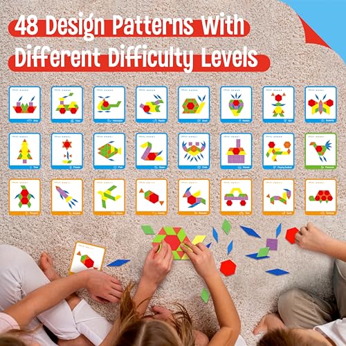 SpriteGru 155 PCS Wooden Pattern Blocks Set, 24 Double-Sided Design Cards(48 Patterns) Geometric Shape Puzzle Fun Tangram Montessori Learning Toys for Kids Ages 4-8 (A Storage Bag & A Gift Box) - Image 3