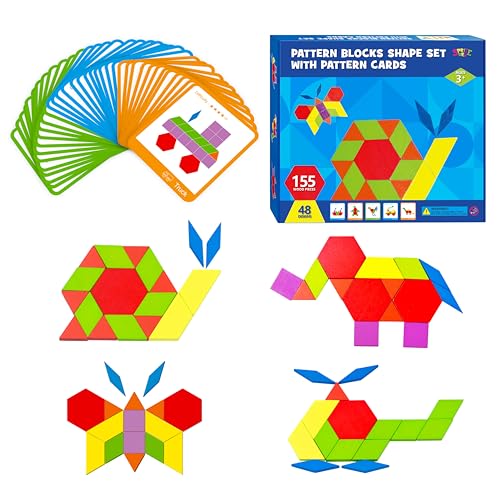 SpriteGru 155 PCS Wooden Pattern Blocks Set, 24 Double-Sided Design Cards(48 Patterns) Geometric Shape Puzzle Fun Tangram Montessori Learning Toys for Kids Ages 4-8 (A Storage Bag & A Gift Box) - Image 1