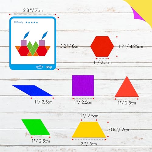 SpriteGru 155 PCS Wooden Pattern Blocks Set, 24 Double-Sided Design Cards(48 Patterns) Geometric Shape Puzzle Fun Tangram Montessori Learning Toys for Kids Ages 4-8 (A Storage Bag & A Gift Box) - Image 2