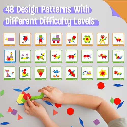 SpriteGru 155 PCS Wooden Pattern Blocks Set, 24 Double-Sided Design Cards(48 Patterns) Geometric Shape Puzzle Fun Tangram Montessori Learning Toys for Kids Ages 4-8 (A Storage Bag & A Gift Box) - Image 4