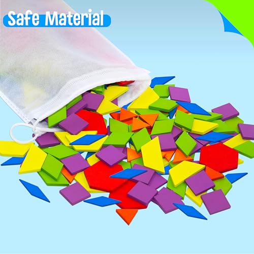 SpriteGru 155 PCS Wooden Pattern Blocks Set, 24 Double-Sided Design Cards(48 Patterns) Geometric Shape Puzzle Fun Tangram Montessori Learning Toys for Kids Ages 4-8 (A Storage Bag & A Gift Box) - Image 5