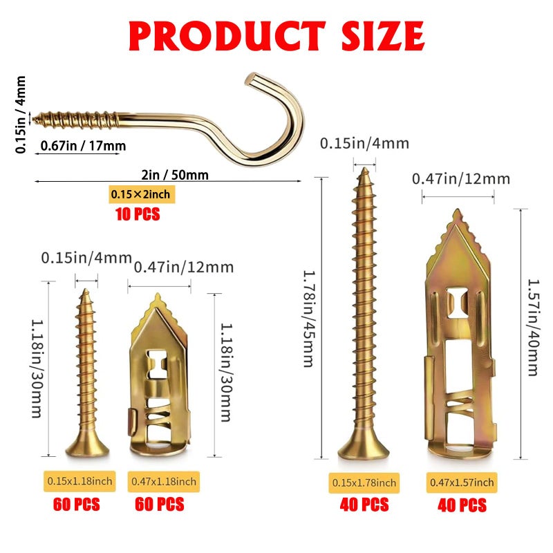 MEILLYOCEAN 210Pcs Self Drilling Drywall Anchors with Screws Kit, Heavy Duty Zinc Plated Steel Expansion Anchors & Screws (3 Sizes), No Drill Needed for TV, Shelf, Mirror, Cabinet, Picture Frame Mounting - Image 2