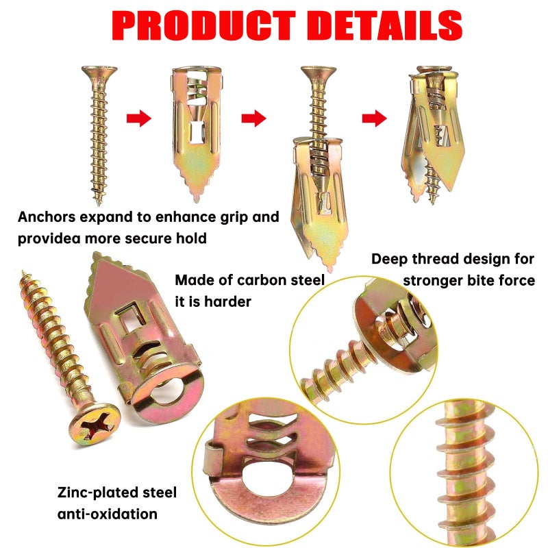 MEILLYOCEAN 210Pcs Self Drilling Drywall Anchors with Screws Kit, Heavy Duty Zinc Plated Steel Expansion Anchors & Screws (3 Sizes), No Drill Needed for TV, Shelf, Mirror, Cabinet, Picture Frame Mounting - Image 3
