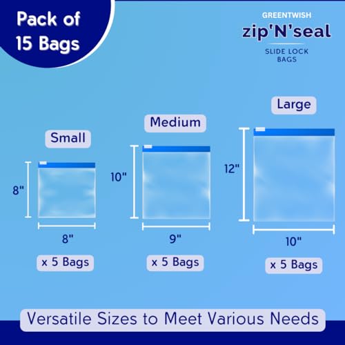 GREENTWISH Zip 'N' Seal Slider Zip Lock Bags, Food Vegetable Fridge Storage Bag, Freezer/Microwave Safe, BPA Free LDPE Transparent Zipper Bag | Small x 5, Medium x 5, Large x 5 | Combo Pack of 15 - Image 2