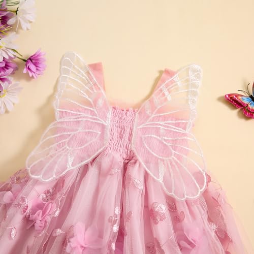 RWYBEIW Toddler Baby Girl Fairy Butterfly Wings Princess Dress Sleeveless Mesh Flower Tulle Tutu Dress First Birthday Outfit (Pink, 6-12 Months) - Image 2