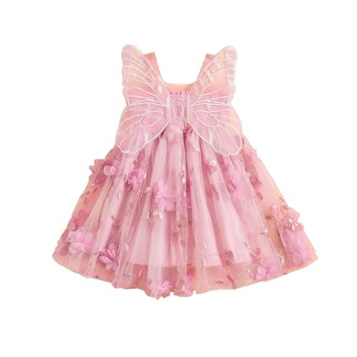 RWYBEIW Toddler Baby Girl Fairy Butterfly Wings Princess Dress Sleeveless Mesh Flower Tulle Tutu Dress First Birthday Outfit (Pink, 6-12 Months) - Image 1