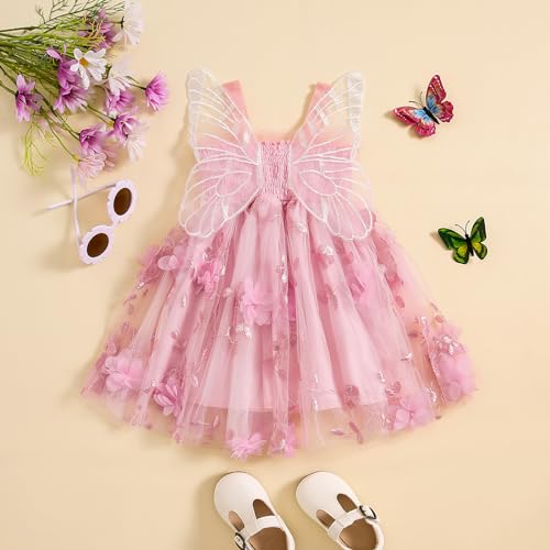 RWYBEIW Toddler Baby Girl Fairy Butterfly Wings Princess Dress Sleeveless Mesh Flower Tulle Tutu Dress First Birthday Outfit (Pink, 6-12 Months) - Image 3