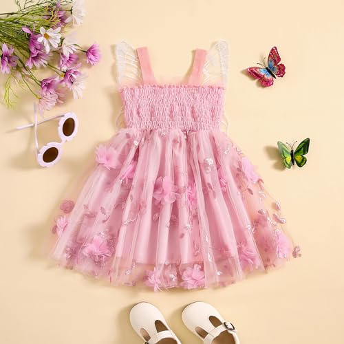 RWYBEIW Toddler Baby Girl Fairy Butterfly Wings Princess Dress Sleeveless Mesh Flower Tulle Tutu Dress First Birthday Outfit (Pink, 6-12 Months) - Image 4