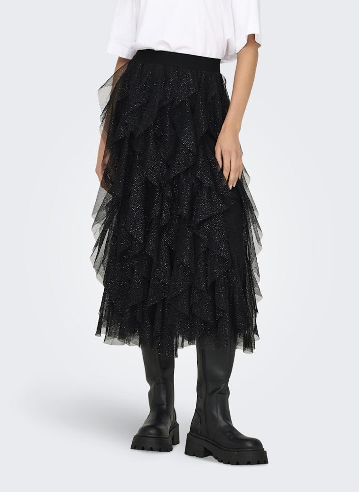 ONLY Elastic waistband Glitter Frill Midi Skirt - Image 1