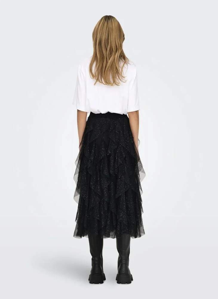 ONLY Elastic waistband Glitter Frill Midi Skirt