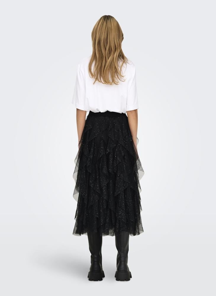 ONLY Elastic waistband Glitter Frill Midi Skirt - Image 2