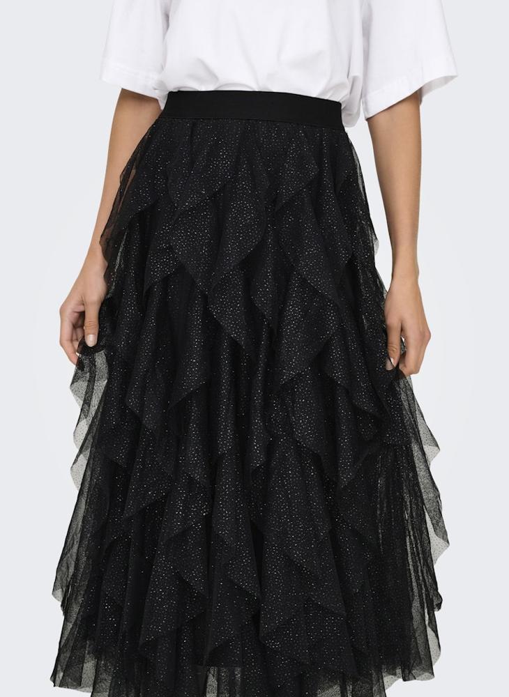 ONLY Elastic waistband Glitter Frill Midi Skirt - Image 3