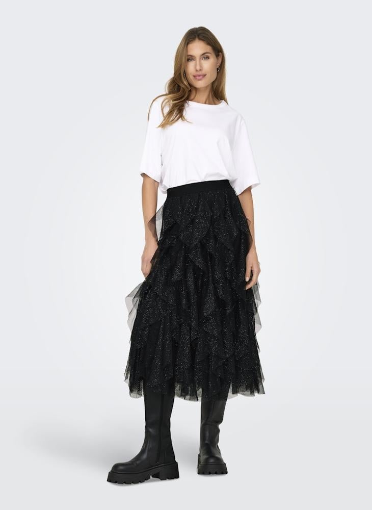 ONLY Elastic waistband Glitter Frill Midi Skirt - Image 5