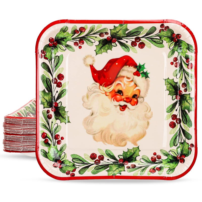 Whaline Christmas Paper Square Plates 40 Pieces Vintage Santa Claus Xmas Wreath Party Disposable Tableware Holiday Supplies for Home Kitchen Table Decor 9 Inch
