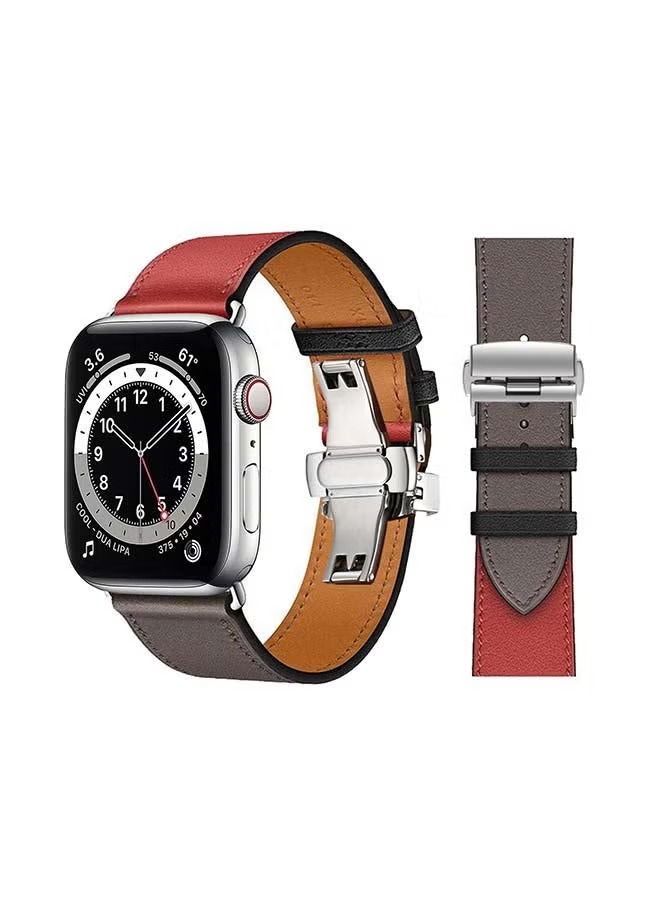 vesus Genuine Leather Replacement Band with Silver Buckle for apple Watch Series 6/SE/5/4/3/2/1 44/42mm Red/Grey