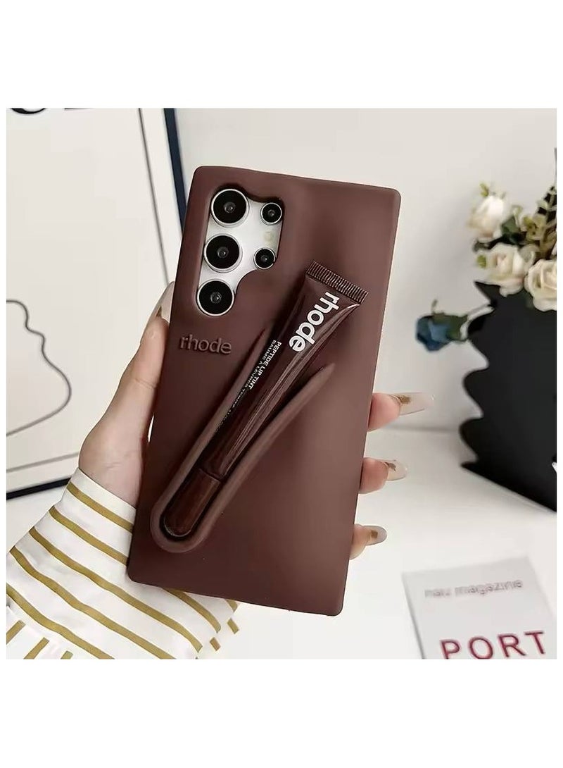 rhode Lip Gloss Phone Case with Lip Tint, For Samsung Galaxy S24 Ultra Case Liquid Silicone Camera Protection Lipstick Lip Glaze Phone Case for Samsung Galaxy S24 Ultra (Espresso) - Image 1