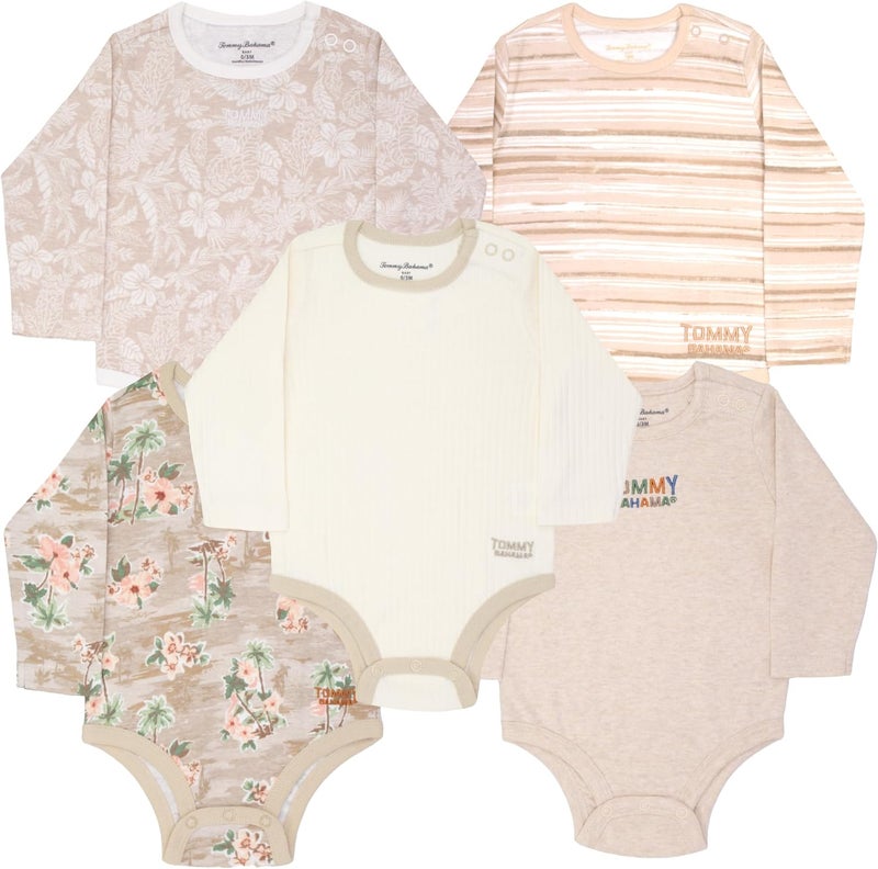Tommy Bahama Baby 5-Piece Onesie Set - 100% Cotton Long Sleeve Bodysuit 5-Pack for Infant Boys and Girls - Image 1