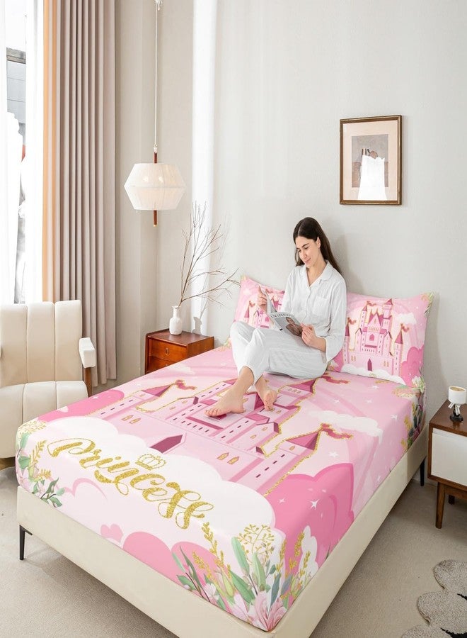 Man Fei Princess Theme Fitted Sheet Twin Size,Pink Castle Dreamy Bedding Set with Deep Pocket for Home Bedroom Decor,Flowers Garden Fairy Tale Bed Cover Soft Bed Sheet with 1 Pillowcase,No Top Sheet - Image 4