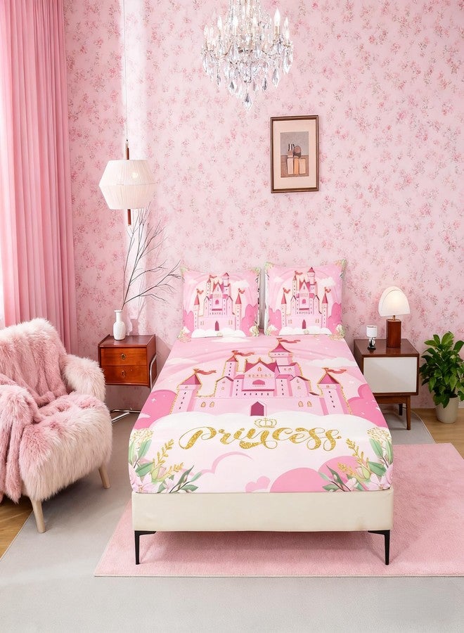 Man Fei Princess Theme Fitted Sheet Twin Size,Pink Castle Dreamy Bedding Set with Deep Pocket for Home Bedroom Decor,Flowers Garden Fairy Tale Bed Cover Soft Bed Sheet with 1 Pillowcase,No Top Sheet - Image 2
