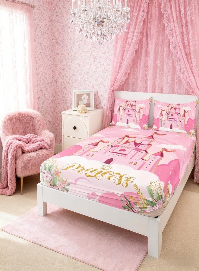 Man Fei Princess Theme Fitted Sheet Twin Size,Pink Castle Dreamy Bedding Set with Deep Pocket for Home Bedroom Decor,Flowers Garden Fairy Tale Bed Cover Soft Bed Sheet with 1 Pillowcase,No Top Sheet - Image 1