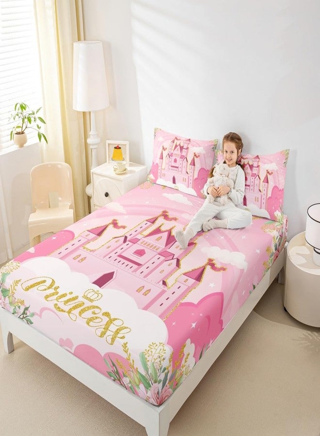 Man Fei Princess Theme Fitted Sheet Twin Size,Pink Castle Dreamy Bedding Set with Deep Pocket for Home Bedroom Decor,Flowers Garden Fairy Tale Bed Cover Soft Bed Sheet with 1 Pillowcase,No Top Sheet - Image 3