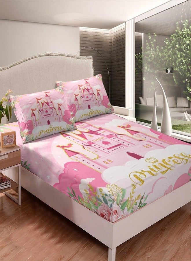 Man Fei Princess Theme Fitted Sheet Twin Size,Pink Castle Dreamy Bedding Set with Deep Pocket for Home Bedroom Decor,Flowers Garden Fairy Tale Bed Cover Soft Bed Sheet with 1 Pillowcase,No Top Sheet - Image 5