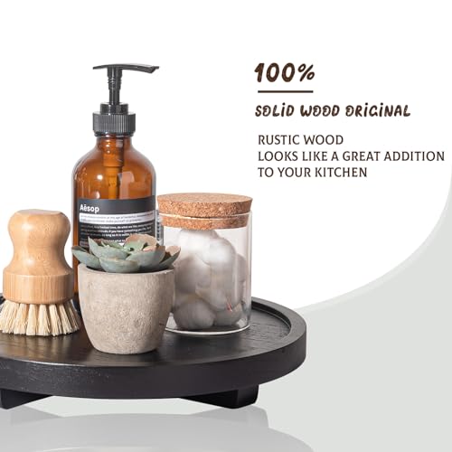 zoocatia Round Decorative Tray Wood Bathroom Counter Organizer Farmhouse Kitchen Decor Wooden Riser for Soap Dish, Perfume, Candle, Sponge, 10" - Black - Image 4