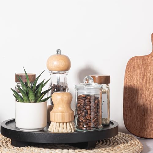 zoocatia Round Decorative Tray Wood Bathroom Counter Organizer Farmhouse Kitchen Decor Wooden Riser for Soap Dish, Perfume, Candle, Sponge, 10" - Black - Image 3