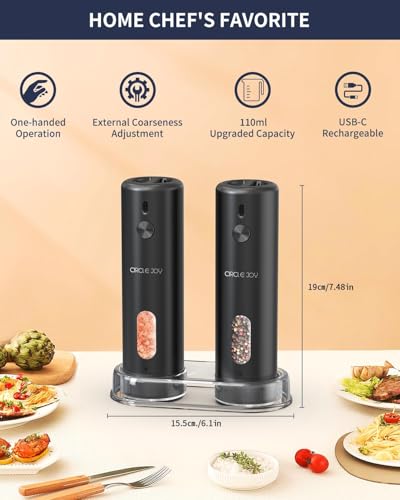 CircleJoy CIRCLE JOY Rechargeable Electric Salt and Pepper Grinder Set with Base, Automatic Pepper Mills with 110ml Container, External Adjustable Coarseness, White Led Light and One-Handed Operation, Black - Image 3
