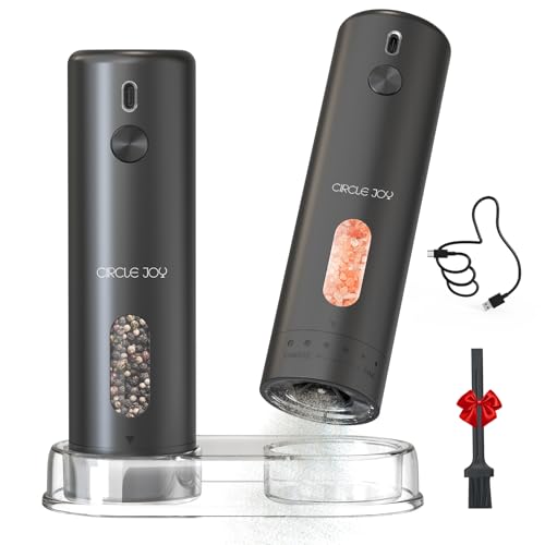 CircleJoy CIRCLE JOY Rechargeable Electric Salt and Pepper Grinder Set with Base, Automatic Pepper Mills with 110ml Container, External Adjustable Coarseness, White Led Light and One-Handed Operation, Black - Image 1
