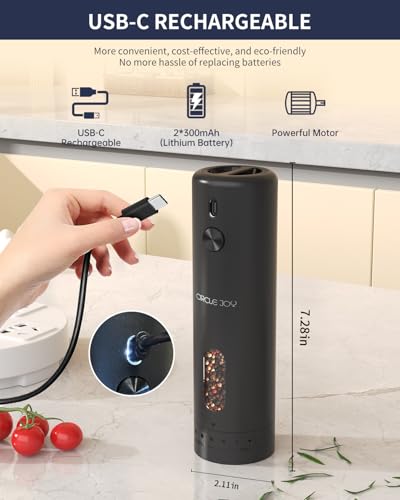 CircleJoy CIRCLE JOY Rechargeable Electric Salt and Pepper Grinder Set with Base, Automatic Pepper Mills with 110ml Container, External Adjustable Coarseness, White Led Light and One-Handed Operation, Black - Image 5